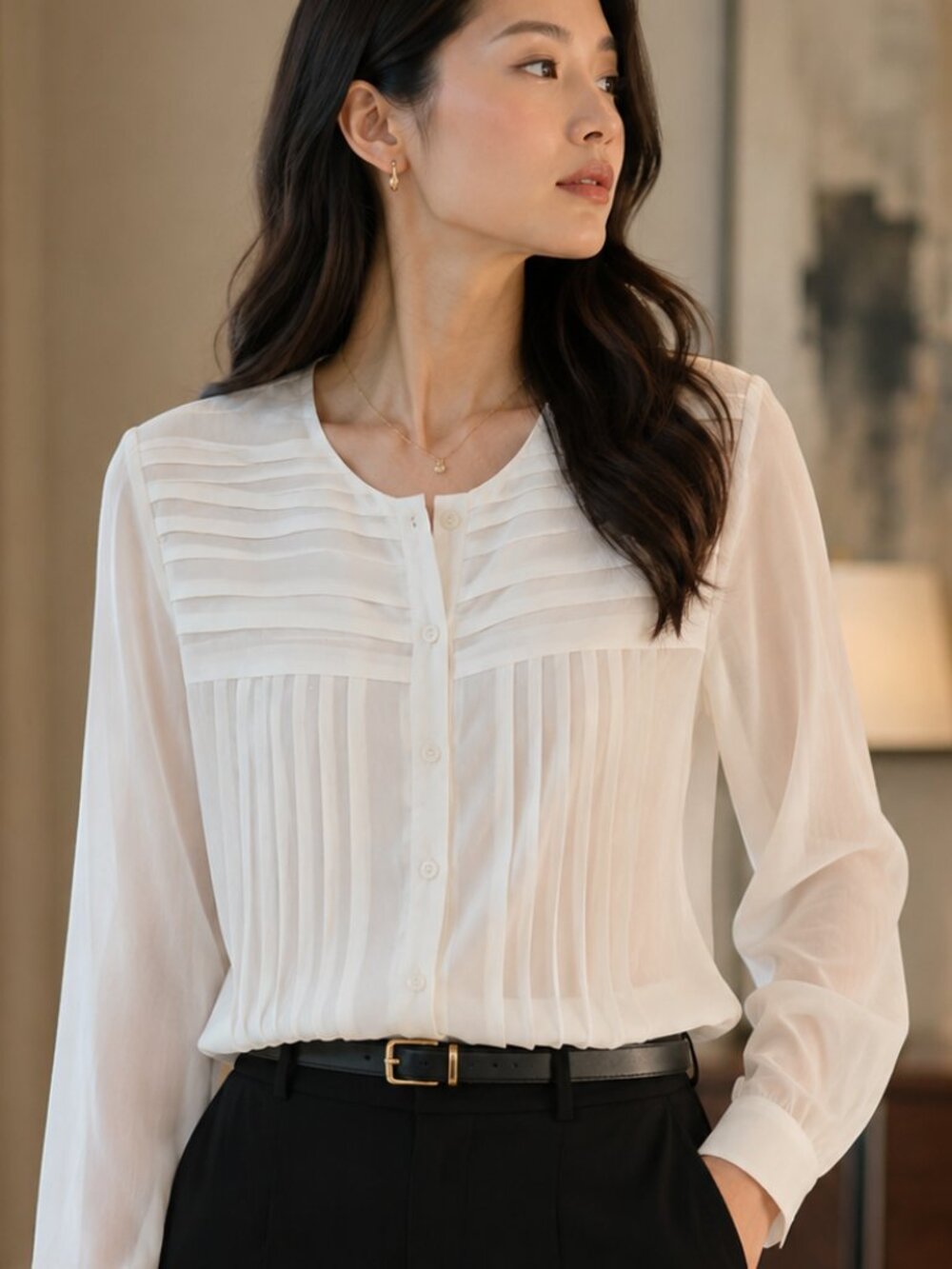 Carlisle 100% Silk Pintuck Blouse White Button Front Career Quiet Luxury Top